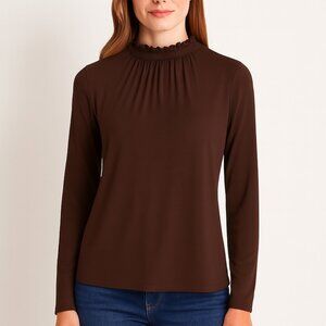 Ann Taylor Chocolate Brown Ruffle Neck Blouse – Size L